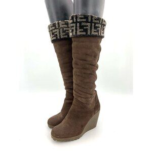 Fendi Womens Suede Wedge High Boots With Logo Cuff Brown Size 35.5 Made In Italy